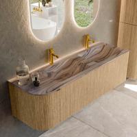Badmeubel Mondiaz Kurve-Dlux | 145 cm | Meubelkleur Oak | Wastafelkleur Sombra | Solid surface | Dubbel / Rechts spoelbak | 2 kraangaten