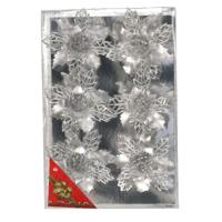 Kerstboom bloemen op clip - 6x stuks - zilver - kunststof - kerstornamenten Kerstboom bloemen op clip - 6x stuks - zilver - kunststof - kerstornamenten