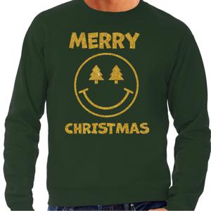 Foute Kersttrui/sweater voor heren - Merry Christmas - smiley - groen - glitter goud