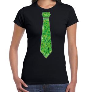 Verkleed t-shirt voor dames - stropdas groen - pailletten - zwart - carnaval - foute party