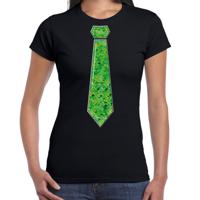 Verkleed t-shirt voor dames - stropdas groen - pailletten - zwart - carnaval - foute party - thumbnail