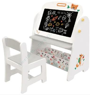 Kinderstaander met Stoel Kindertafel met Boekenrek & Magnetisch Krijtbord & Whiteboard Grijs