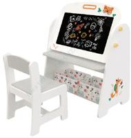 Kinderstaander met Stoel Kindertafel met Boekenrek & Magnetisch Krijtbord & Whiteboard Grijs
