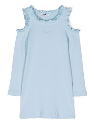 MSGM Kids Ribgebreide jurk met open schouders - Blauw MSGM Kids Ribgebreide jurk met open schouders - Blauw