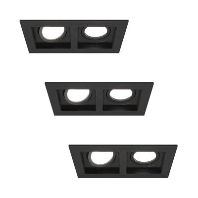 Set van 3 Fresno Dubbele Inbouwspot - Rechthoek - 2x GU10 - 6000K Daglicht wit - 10 Watt 800 lumen - Kantelbaar - IP20 stofdicht - Zwart