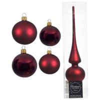 Glazen kerstballen pakket donkerrood glans/mat 38x stuks 4 en 6 cm met piek mat - Kerstbal - thumbnail