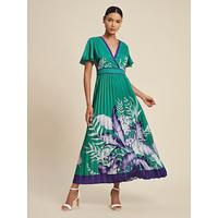 Dames Groene jurk Maxi-jurk Groen Korte mouw Bloemen Geplooid Bloemen Stijl Zomer V-hals Maxi-jurk Afspraakje S M L