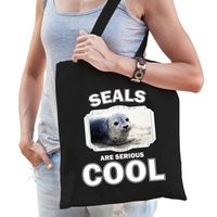 Katoenen tasje seals are serious cool zwart - zeehonden/ grijze zeehond cadeau tas - Feest Boodschappentassen