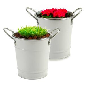 Plantenpot/bloempot emmer - 2x - rond - zink - wit - D12 x H16 cm