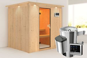 Karibu | Daria Sauna met Dakkraag | Bronzeglas Deur | Biokachel 3,6 kW Externe Bediening