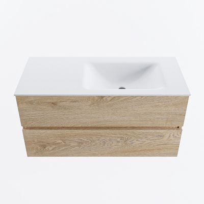 MONDIAZ VICA 100cm badmeubel onderkast Washed Oak 2 lades. Wastafel CLOUD rechts zonder kraangat, kleur Talc.