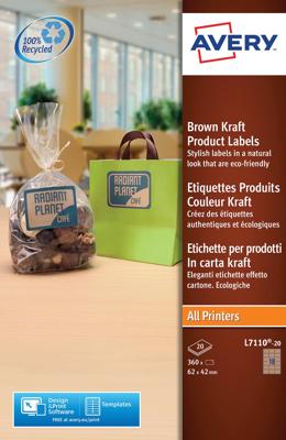 Avery L7110-20 productetiketten ft 62 x 42 mm (b x h), 360 etiketten, kraft