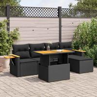6-delige Loungeset met kussens poly rattan acacia zwart