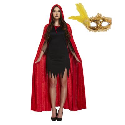 Carnaval gemaskerd bal verkleedkleding set - Oogmasker goud - Cape capuchon rood - volwassenen