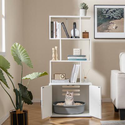 142 cm Kattenbak 2 in 1 Kattenbak 3 Open Schappen Zij-Ingang Deuren Hoekdierbak Industriële Stijl Wit/Bruin