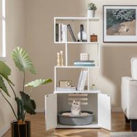 142 cm Kattenbak 2 in 1 Kattenbak 3 Open Schappen Zij-Ingang Deuren Hoekdierbak Industriële Stijl Wit/Bruin