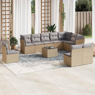 11-delige Tuinset met kussens poly rattan beige
