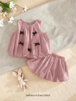 Bon&Bon 2pcs Baby Girl Bowknot Decor Round Neck Sleeveless Top And Elastic Waist Shorts Set Pink / 9-12M - thumbnail