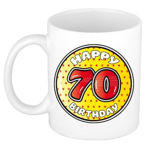 Verjaardag cadeau mok - 70 jaar - geel - sterretjes - 300 ml - keramiek