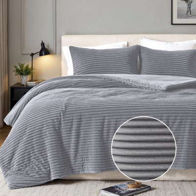 Dekbedovertrek Teddy Rib - Eenpersoons (140x200 Cm) - Licht Grijs Microvezel Teddy - Strepen - Fresh And Co - Dekbed-Discounter.nl