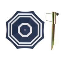 Parasol met metalen grondharing - blauw/wit strepen - polyester - Dia 140 cm - verstelbaar Parasol met metalen grondharing - blauw/wit strepen - polyester - Dia 140 cm - verstelbaar