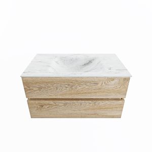 MONDIAZ VICA-DLUX 90cm badmeubel onderkast Washed Oak 2 lades. Inbouw wastafel CLOUD midden zonder kraangat, kleur Opalo.