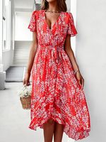 Disty Floral Lace-Up Short Sleeve V Neck Vacation Dress - thumbnail