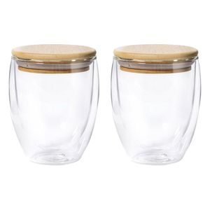 Thermische koffieglazen/theeglazen dubbelwandig - 2x - met bamboe deksel - 250 ml