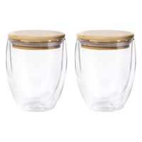 Thermische koffieglazen/theeglazen dubbelwandig - 2x - met bamboe deksel - 250 ml