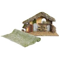 Lege kerststal - L50 x B23 x H31 cm - incl. gras ondergrond/achtergrond - besneeuwd