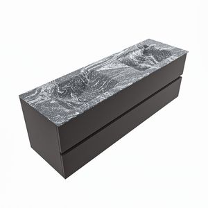 MONDIAZ VICA-DLUX 150cm badmeubel onderkast Dark grey 2 lades. Inbouw wastafel CLOUD dubbel 2 kraangaten, kleur Lava, en spiegel model SPOT