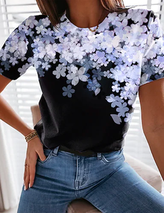 Crew Neck Floral Cotton Blends Short Sleeve T-Shirt