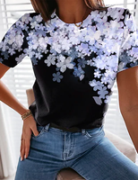 Crew Neck Floral Cotton Blends Short Sleeve T-Shirt - thumbnail