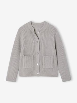 Vestje voor meisjes van fijn, schuimig breisel gemêleerd grijs Vestje voor meisjes van fijn, schuimig breisel gemêleerd grijs