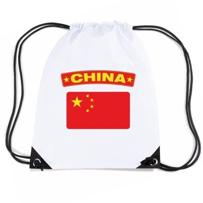 China thema sporttas - nylon rijgkoord rugzak - wit met vlag print - supporters