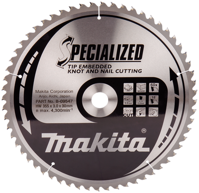 Makita Accessoires Cirkelzaagblad Hout (noest/spijker) | Embedded Tip 355x30x3,0 60T 18g - B-09547 - B-09547