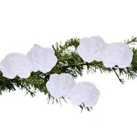 Kerstboomversiering Bloemen - 6x stuks - 9 cm - wit glitter - op clip - ornament