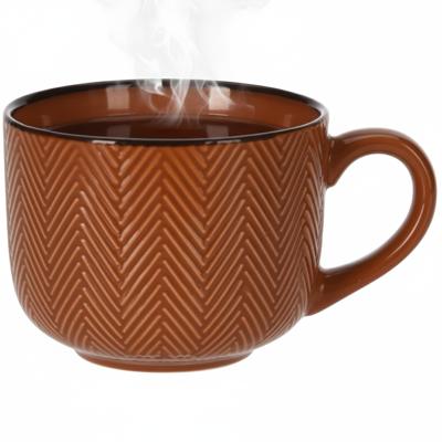 Thee/koffiemok XL Fishbone - terra - 12 x 9 cm - keramiek - kommetjes met oor - 560 ml