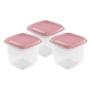 Vershoudbakjes Hega - set van 3x stuks - 0.3 liter - transparant/roze - L8 x B8 x H11 cm