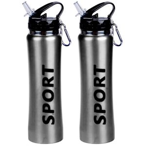 2x Sport Bidon drinkfles/waterfles Sport print zilver 600 Ml