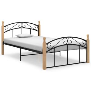 Bedframe metaal en massief eikenhout zwart 120x200 cm