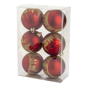 Gedecoreerde kerstballen - 6x st - 8 cm - kunststof - rood/goud