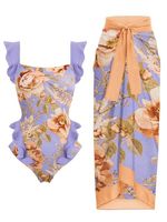 Elegant Floral Printing Scoop Neck One Piece With Cover Up - thumbnail