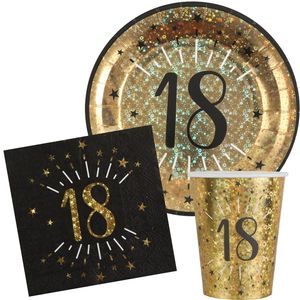 Verjaardag feest bekertjes/bordjes en servetten leeftijd - 60x - 18 jaar - goud - Feestpakketten