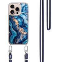 iPhone 16 Pro Max hoesje met donkerblauw koord - Ocean marble