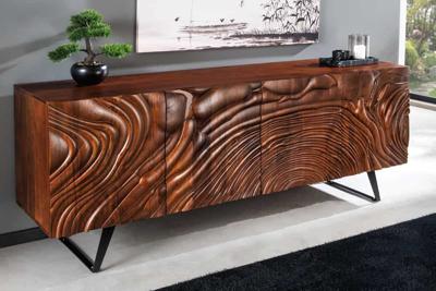 Massief dressoir FLUID 175cm Walnoot-Bruin Acaciahout 3D Design Skid Base - 45593