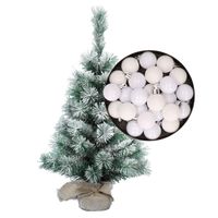 Besneeuwde mini kerstboom/kunst kerstboom 35 cm met kerstballen wit - thumbnail
