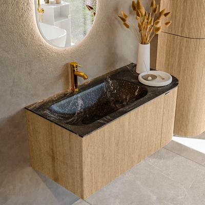 Badmeubel Mondiaz Kurve-Dlux | 95 cm | Meubelkleur Oak | Wastafelkleur Lava | Solid surface | Links spoelbak | 1 kraangat