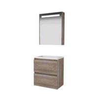 Basic-Line Premium 39 Badkamermeubelset - Ondiep - 60 x 39 cm - Greeploos - 2 Lades - Keramische Wastafel - 1 Kraangat - Spiegelkast met LED Verlichting - Scotch Oak