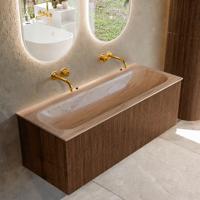 Badmeubel Mondiaz Kurve-Dlux | 120 cm | Meubelkleur Walnut | Wastafelkleur Saba | Solid surface | Wasbak midden spoelbak | Zonder kraangat(en)